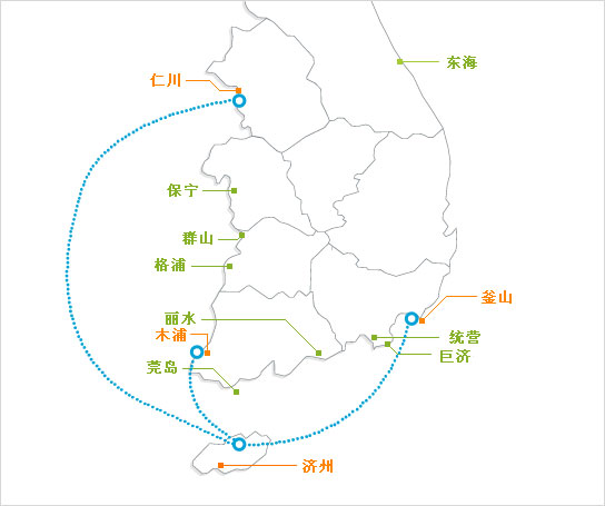 1) 因为是韩国境内的航程,所以不象国际移动的手续那么多,一般的游客只要最少提前30分钟到达旅游客运港取票,乘船即可。需要车辆运营的游客则需最少提前2小时到达码头办理手续等。 2) 免税店购物时出示船票和身份证购买免税商品后乘船即可。现金,信用卡,美元,日元都可以,没有特别的通关程序。利用免税店时,需提前办理完搭乘手续后才可进入免税店。乘船后,船内的咖啡屋,餐厅等设施便于利用。但是船上销售的物品为有些贵,因此可以提前购买。通话时可使用船内的公用电话,沿岸附近时才可使用手机。