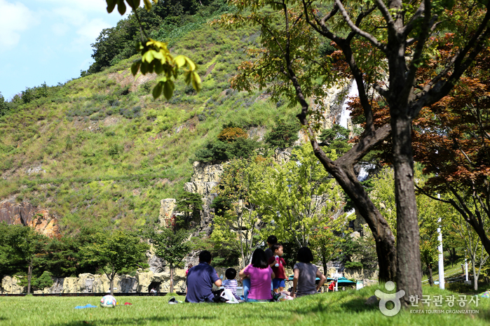 잔디 광장에서 휴식을 즐기는 가족들
