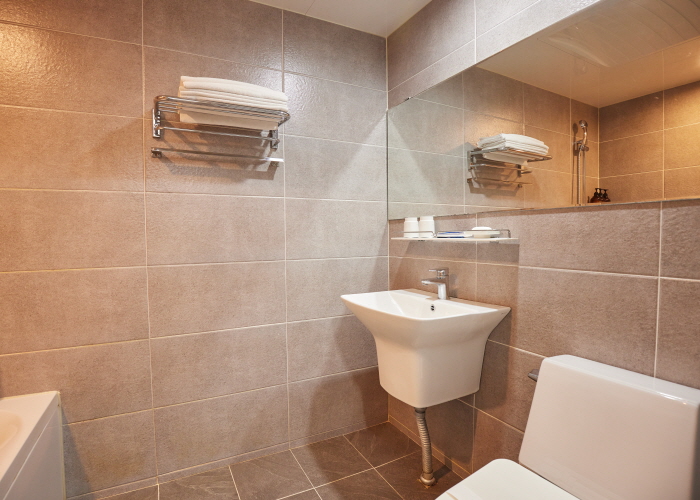 The bathroom with shower has a simple interior.