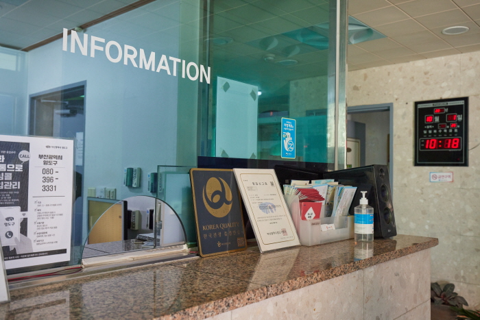 Information desk with safe call service and hand sanitizers