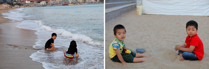 해수욕과 모래 장난하는 아이들
