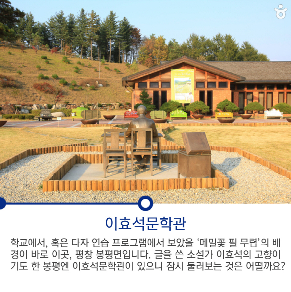 학교에서, 혹은 타자 연습 프로그램에서 보았을 '메밀꽃 필 무렵'의 배경이 바로 이곳, 평창 봉평면입니다. 글을 쓴 소설가 이효석의 고향이기도 한 봉평엔 이효석문학관이 있으니 잠시 둘러보는 것은 어떨까요?