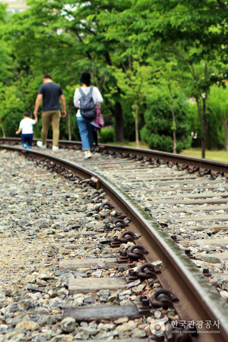 철도박물관에는 철로를 깔아둬 가족끼리 산책할 수 있다.