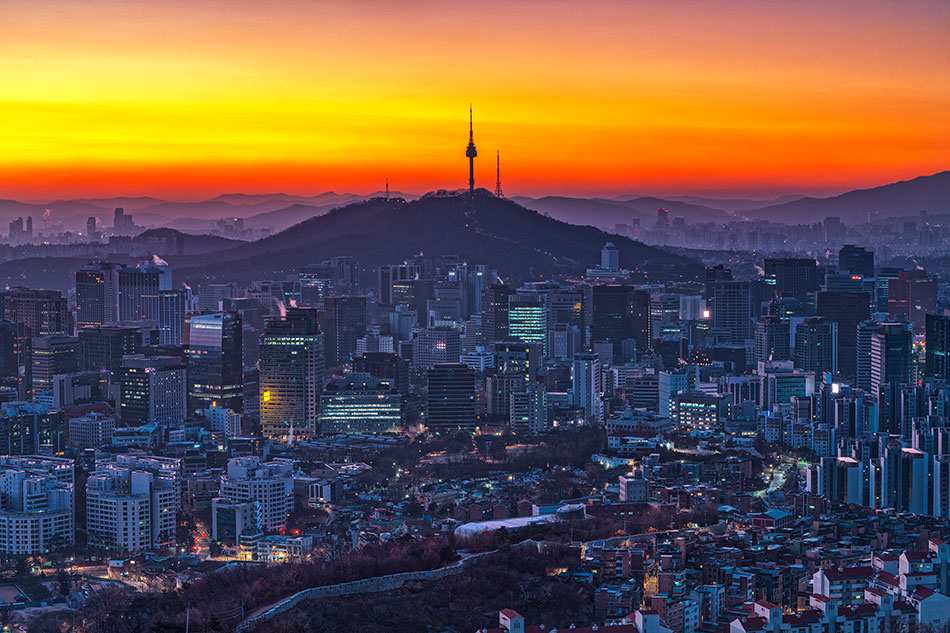 Looking over Seoul at sunset from Beombawi Rock on Inwangsan Mountain