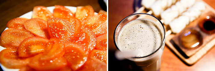 Grilled rice cakes (top) / Sugar-coated tomatoes and misutgaru (bottom)