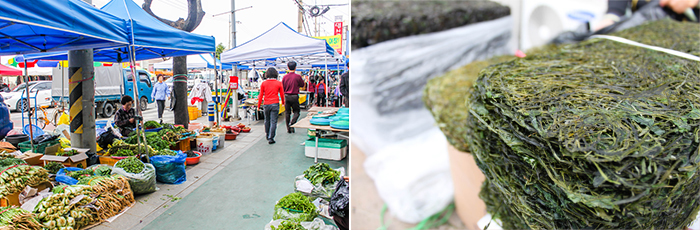 照片）北坪民俗5日集市全景（左）和街??位上的海洋植物（右）