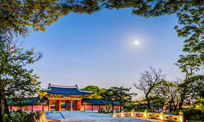 Vista nocturna de la puerta Jinseonmun del palacio Changdeokgung (cortesía de la Administración de Patrimonios Culturales).