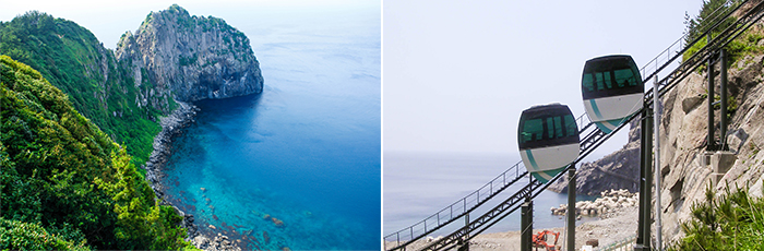 Fotos) Acantilado Daepunggam (izquierda) / Monorraíl Turística Taehahyangmok (derecha).