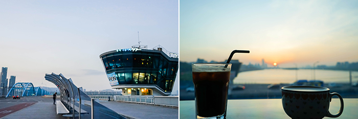 照片) 云咖啡厅外观(左) / 咖啡厅里看到的汉江日落(右)