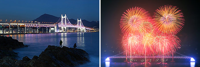 Prächtige Nachtansicht und Feuerwerk an der Brücke Gwangandaegyo