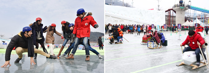 Visitors enjoying various ice activities