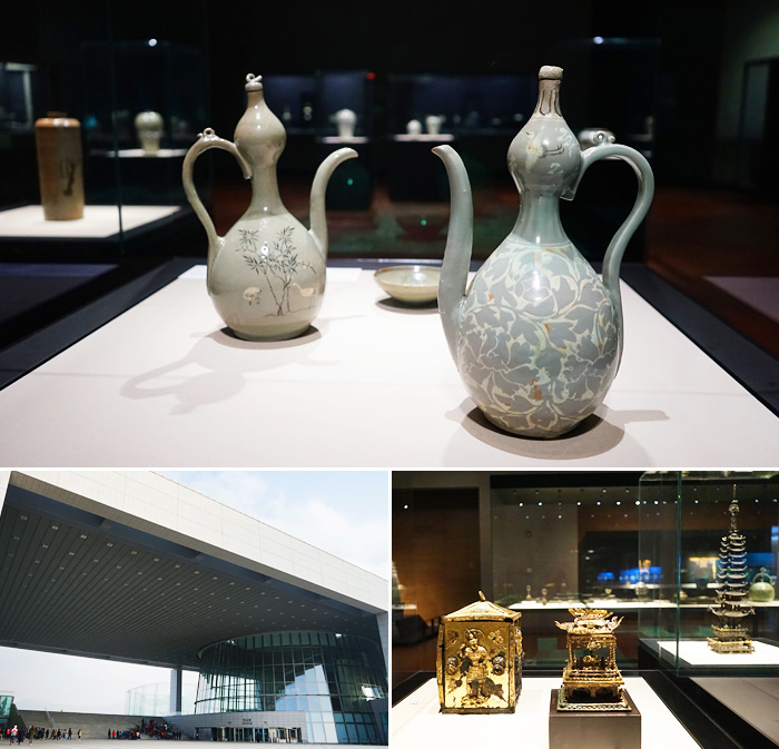 Artifacts on display at the museum (top & bottom right) / Exterior view of The National Museum of Korea (bottom left)