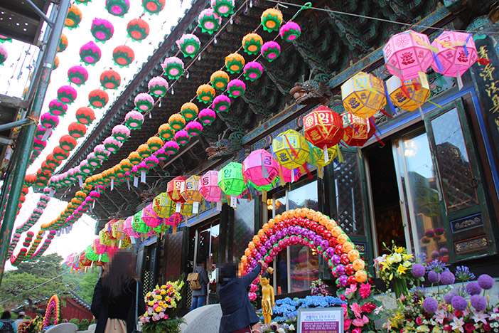 釈迦誕生日磁器の本堂（上）　/　ライトアップの美しさに感動（左下）　/　長い提灯の川が夜を彩る（右下）