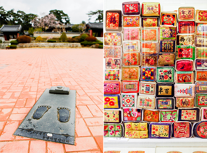 照片) 可以拍到5,000韩元纸币中乌竹轩风景的拍照点 (左) / 东洋刺绣博物馆中展示的作品(右)
