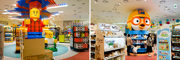 Experience zone with slides and children’s cars (top) / Large characters decorate Toy Kingdom (bottom)