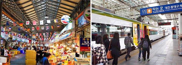 People shopping at a market and traveling to their hometowns