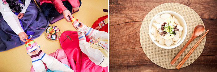 Children receiving gifts after greeting elders (left) & tteokguk eaten in the morning (right)