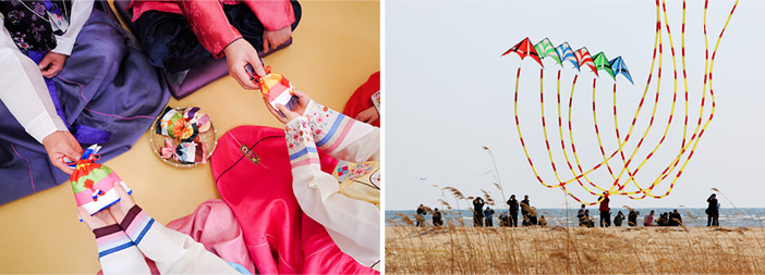 Children receiving gifts after greeting elders & flying kites