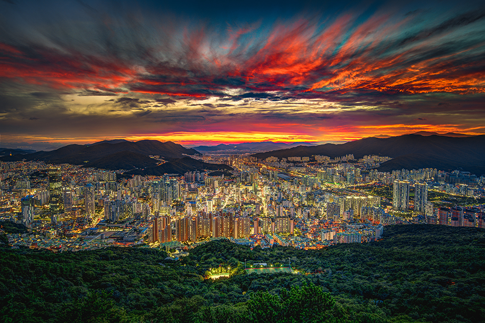 Panoramic view of Busan from Hwangnyeongsan Observatory