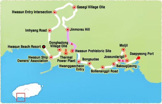 Wolpyeong Port-> Garlic Fields (2.86km)-> Daepo Port (4km)-> Jusangjeolli cliffs-> Jungmun Beach Resort -> Haebyeongdaegil (Marine Corp Road) (13.8km)->Haye Seaside Road-> Daepyeong Port