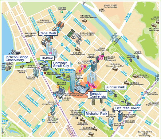 Incheon Bridge Observatory, Canal Walk, Compact Smart City, Songdo Convensia, Sunrise Park, Michuhol Park, Get Pearl Tower