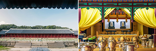 Photo: Jongmyo Shrine's Jeongjeon Hall (the main hall) (left) / Interior of Jongmyo (right)