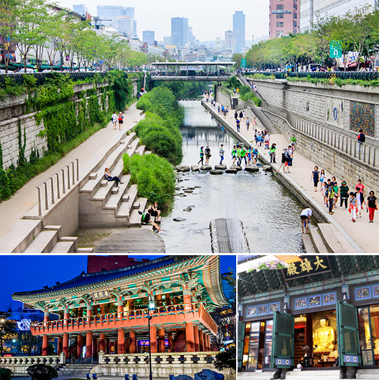 Photo: Cheonggyecheon Stream (top) / Bosingak Belfry (bottom-left) / Jogyesa Temple (bottom-right)