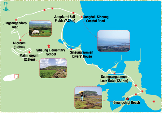 Siheung Elementary School-> Malmi oreum (2.9km)-> Al oreum (3.8km)-> Jungsangandoro road-> Jongdal-ri Salt Fields (7.3km)-> Siheung Women Divers’ House-> Seongsangapmun Lock Gate (12.1km)-> Gwangchigi Beach