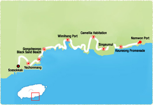 Namwon Port-> Keuneong Promenade (3km)-> Singeumul (4.7km)-> Camellia Habitation (6.5km)-> Wimihang Port-> Gongcheonpo Black Sand Beach (11km)-> Yechonmang (13km)-> Soesokkak