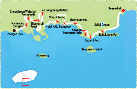 Soesokkak -> Jejigi Oreum (2.34km)-> Gudumi Port (3.95km)-> Seogwipo KAL Hotel (6.82km)-> Sojeongbang Waterfalls (8.17km)-> Lee Jung Seop Gallery -> Cheonjiyeon Falls Promenade (11km)-> Oedolgae rock