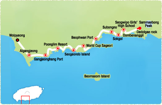 Oedolgae rock-> Subongno (3.81km)-> Beophwan Port (4.79km)-> World Cup Sageori(Intersection)-> Seogeondo Seaside Promenade (7.74km)-> Poonglim Resort -> Gangjeonghang Port (13.2km)-> Wolpyeong Port