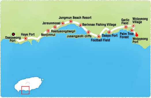 Wolpyeong Port-> Garlic Fields (2.86km)-> Daepo Port (4km)-> Jusangjeolli cliffs-> Jungmun Beach Resort -> Haebyeongdaegil (Marine Corp Road) (13.8km)->Haye Seaside Road-> Daepyeong Port