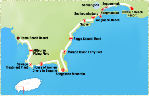 Wolpyeong Port-> Garlic Fields (2.86km)-> Daepo Port (4km)-> Jusangjeolli cliffs-> Jungmun Beach Resort -> Haebyeongdaegil (Marine Corp Road) (13.8km)->Haye Seaside Road-> Daepyeong Port