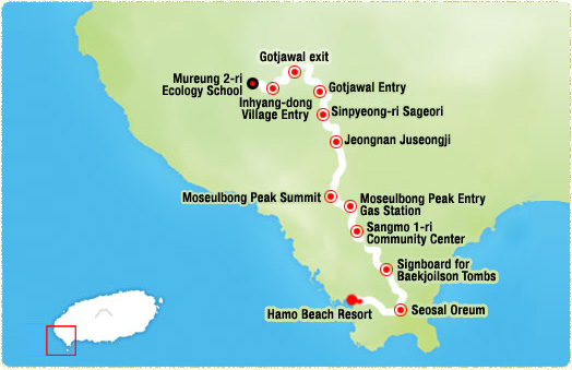 Wolpyeong Port-> Garlic Fields (2.86km)-> Daepo Port (4km)-> Jusangjeolli cliffs-> Jungmun Beach Resort -> Haebyeongdaegil (Marine Corp Road) (13.8km)->Haye Seaside Road-> Daepyeong Port