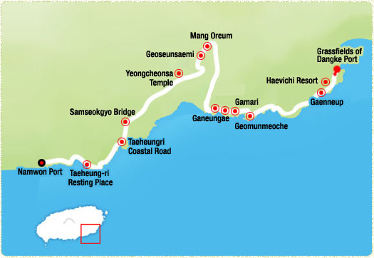 Gwangchigi Beach-> Tide Embankment Road -> Siksanbong Peak-> Ojori Village Olle (4.1km)-> Seongsan Sewage Treatment Plant (6.82km)-> Goseong Upper Village-> Daesusanbong Peak Summit (12.7km)-> Honinji (16.4km)-> Hwangnual (17km)-> Onpyeong Port