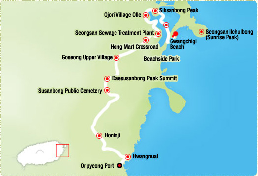 Gwangchigi Beach-> Tide Embankment Road -> Siksanbong Peak-> Ojori Village Olle (4.1km)-> Seongsan Sewage Treatment Plant (6.82km)-> Goseong Upper Village-> Daesusanbong Peak Summit (12.7km)-> Honinji (16.4km)-> Hwangnual (17km)-> Onpyeong Port