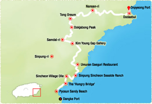 Gwangchigi Beach-> Tide Embankment Road -> Siksanbong Peak-> Ojori Village Olle (4.1km)-> Seongsan Sewage Treatment Plant (6.82km)-> Goseong Upper Village-> Daesusanbong Peak Summit (12.7km)-> Honinji (16.4km)-> Hwangnual (17km)-> Onpyeong Port  