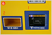 6. In order to complete the transaction, place the T-money Card on the designated place (shown on the right side of the photo). Then the door of your locker will be open. Pick up and place your luggage on the place where the red laser indicates, and then close the door. You will find the receipt in the receipt pick-up slot (shown on the left side of the photo). The receipt contains information on the location of locker, the date and time of storage, payment method. Keep your receipt with you at all times, preferably in a secure area.