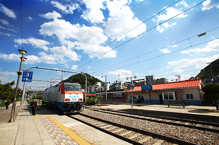 Mugunghwa train passing entering to Jeongdongjin Station