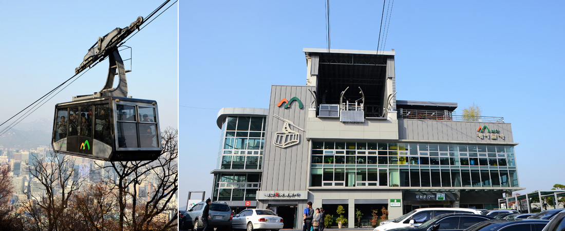 좌)사람을 가득 태운 남산케이블카, 우)회색의 남산 케이블카 승강장