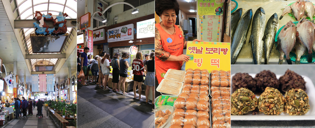 1)시장 천장에 물고기를 끌어안고 있는 사람 조형물이 걸려 있는 시장 풍경, 2)손님들이 일렬로 늘어서 있는 떡집, 3)매대에 진열된 옛날 보리빵을 보고 있는 주인, 4상)고등어와 붉은 생선 4하)팥 오메기떡과 씨앗 오메기떡