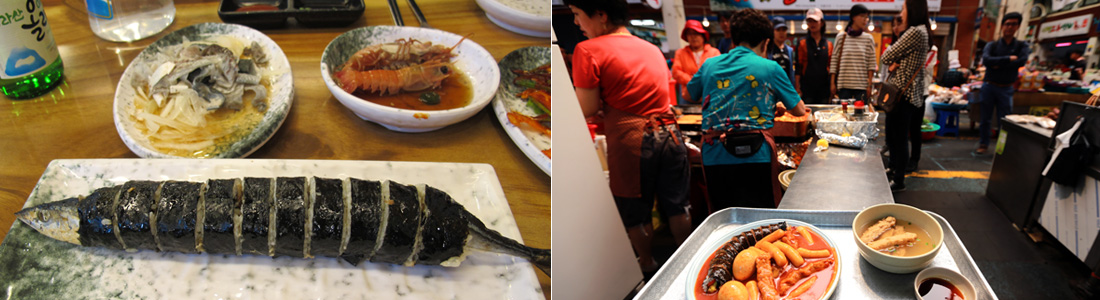 좌)꽁치 머리와 꼬리가 보이는 꽁치김밥, 우)떡볶이와 김밥이 섞여 나오는 모닥치기와 어묵