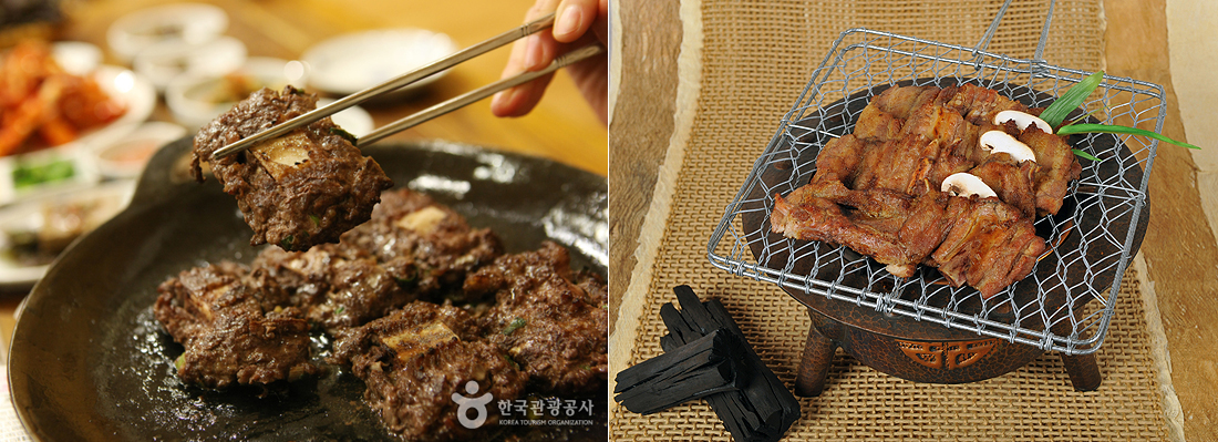 좌)떡갈비 한접시, 우)화로 위 석쇠에 담겨나온 돼지갈비