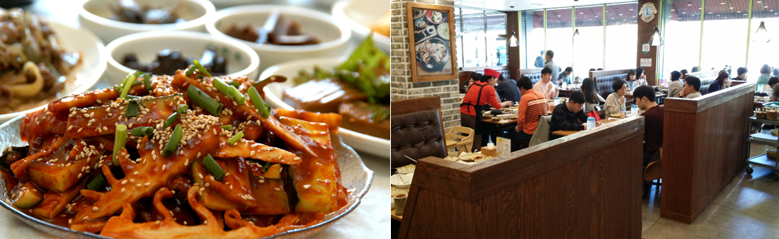 좌)푸짐하게 담긴 죽순 초무침 한접시와 밑반찬, 우)손님들로 가득한 식당 내부