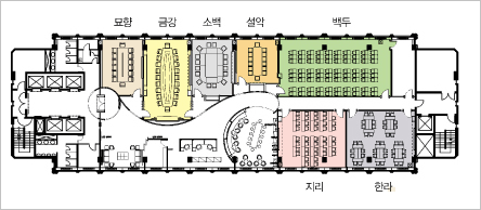 T2 아카데미 평면도:입구로부터 왼쪽에 묘향,금강,소백,설악,백두실 순으로 있고 오른쪽 안쪽으로 지리,한라실이 있습니다.