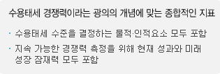 수용태세 경쟁력이라는 광의의 개념에 맞는 종합적인 지표 - 수용태세 수준을 결정하는 물적·인적요소 모두 포함, 지속 가능한 경쟁력 측정을 위해 현재 성과와 미래 성장 잠재력 모두 포함