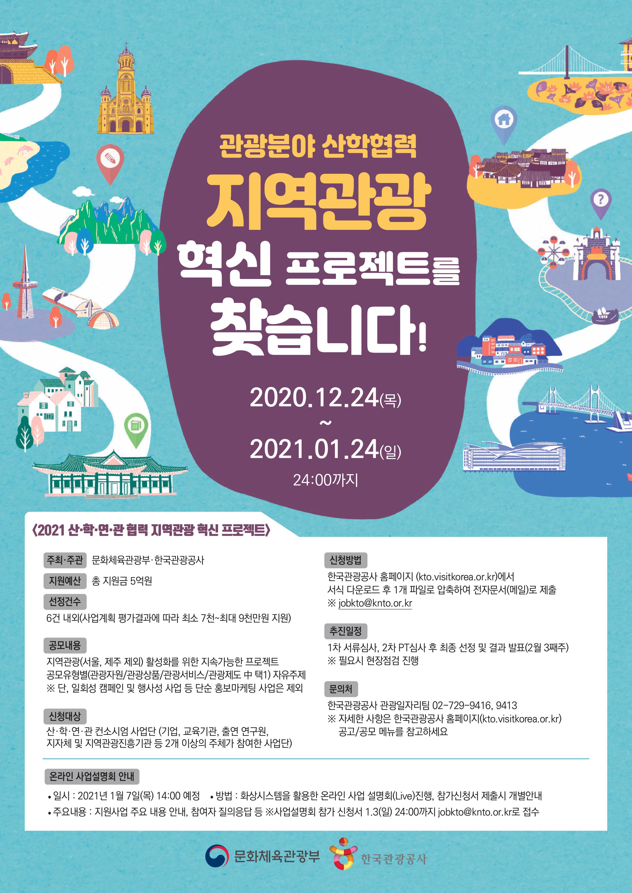 관광분야 산학협력 지역관광 혁신 프로젝트를 찾습니다! 2020.12.24(목)~2021.1.24(일) 24시까지