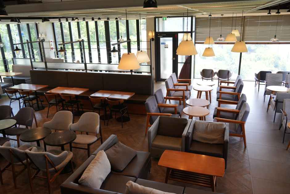 HOLLYS COFFEE梁山院洞店内からは珈琲を飲みながら洛東江縁を走る列車の光景が眺められます