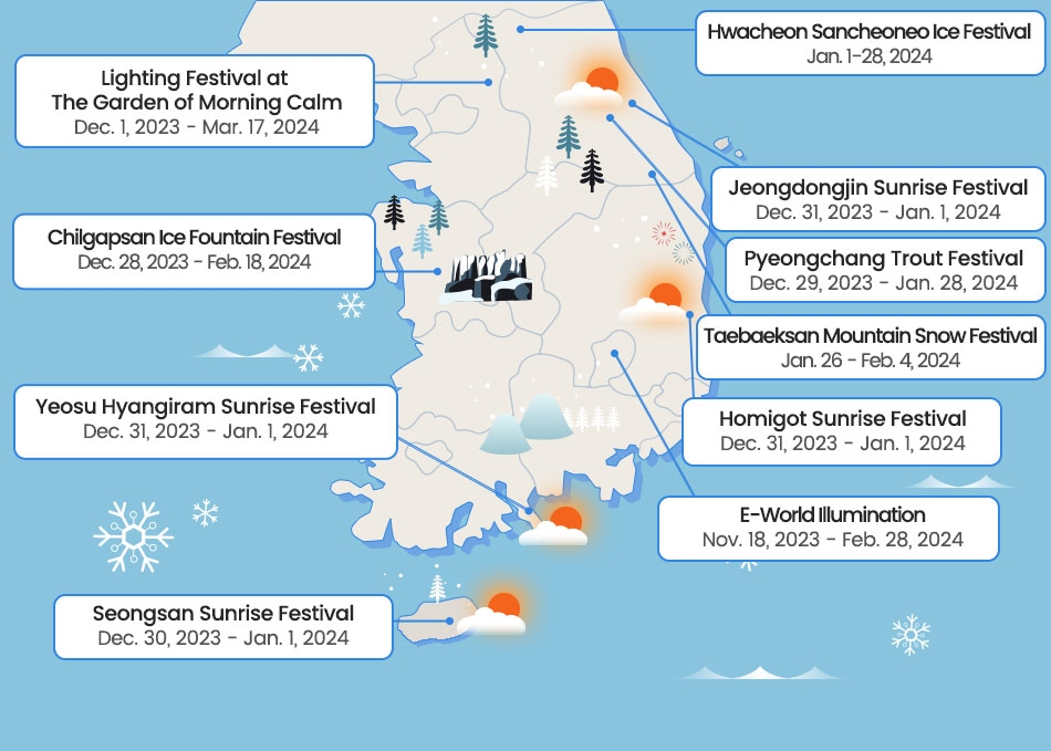Map of winter festivals in Korea