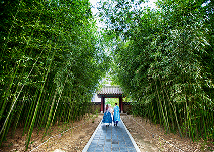 Museo de los Retratos (izquierda) y un camino de bambú (derecha).